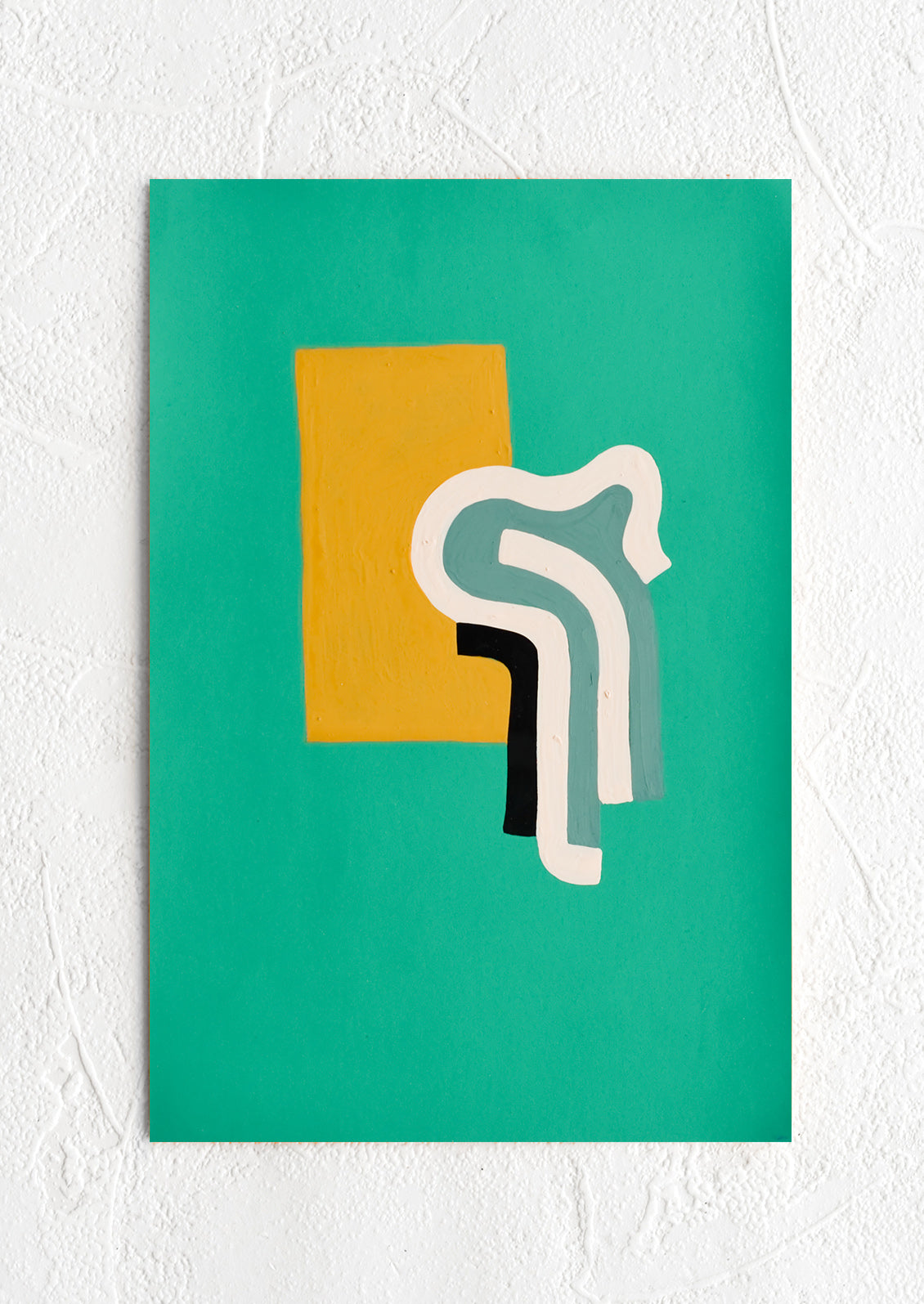 An abstract art print with geometric shapes on green background.