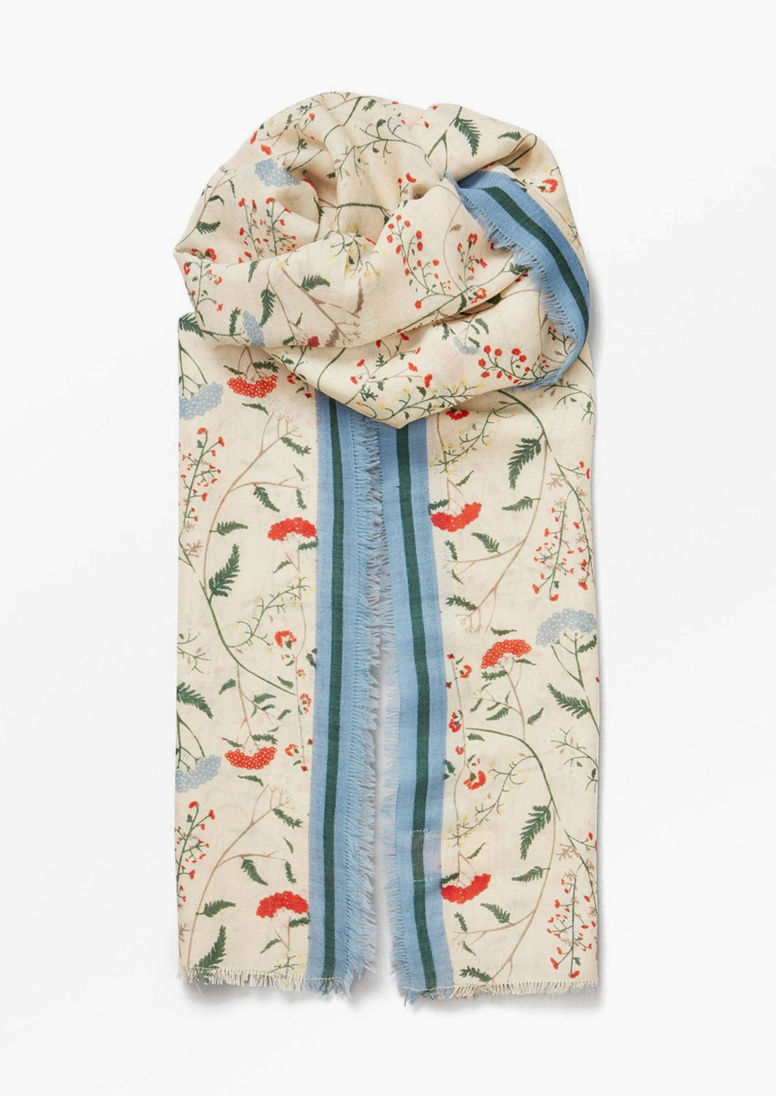A ecru and light blue scarf in wildflower print.