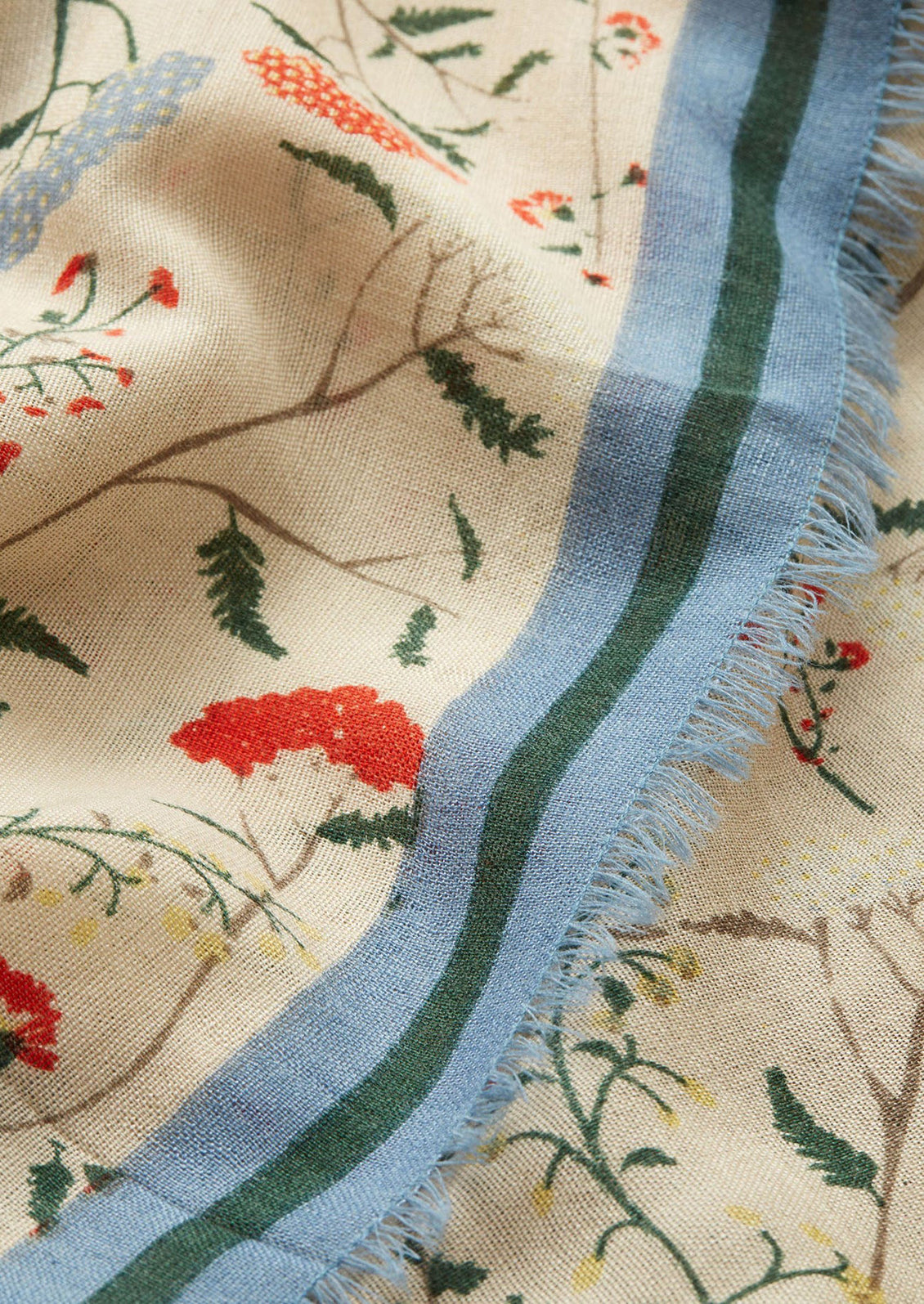 A ecru and light blue scarf in wildflower print.