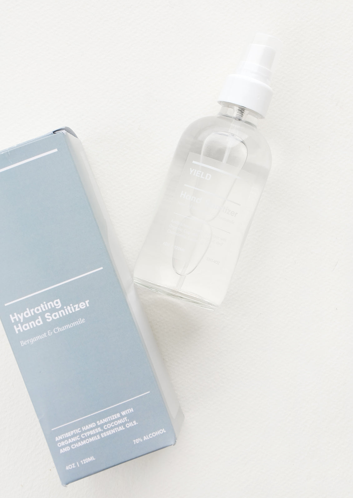 Blue box packaging for hand sanitizer in clear glass spray bottle